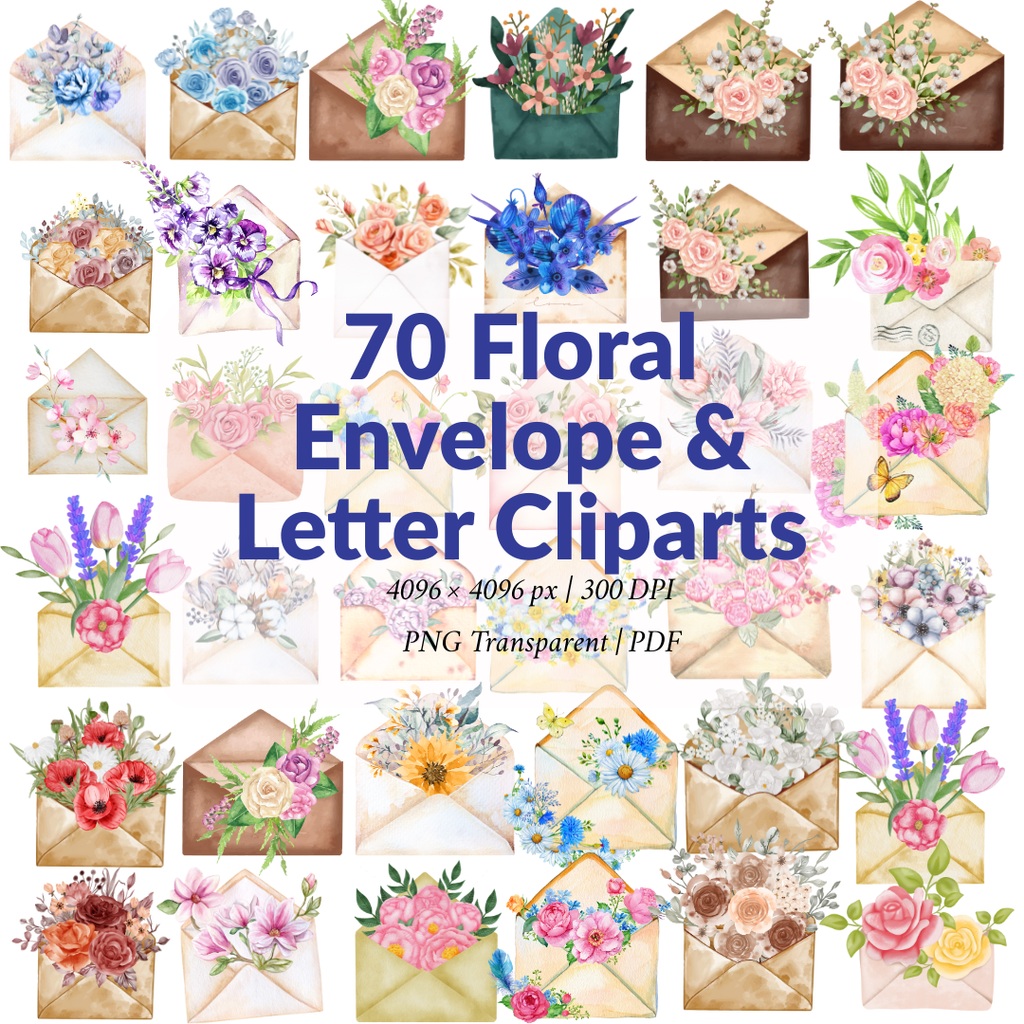 70 Floral Envelope & Letter Cliparts – Mega PNG/PDF Pack – T-shirt & Print Ready