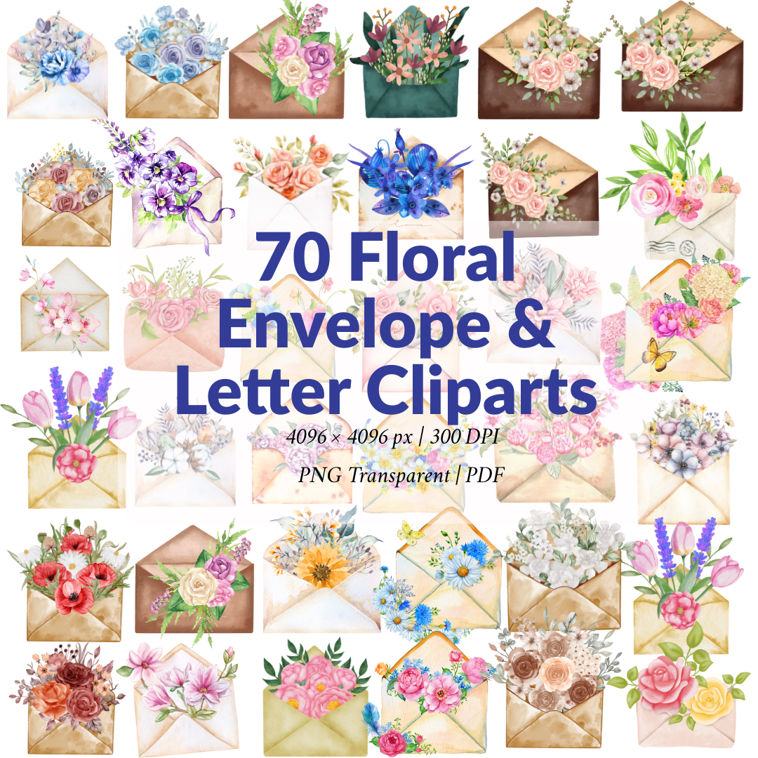 70 Floral Envelope & Letter Cliparts – Mega PNG/PDF Pack – T-shirt & Print Ready