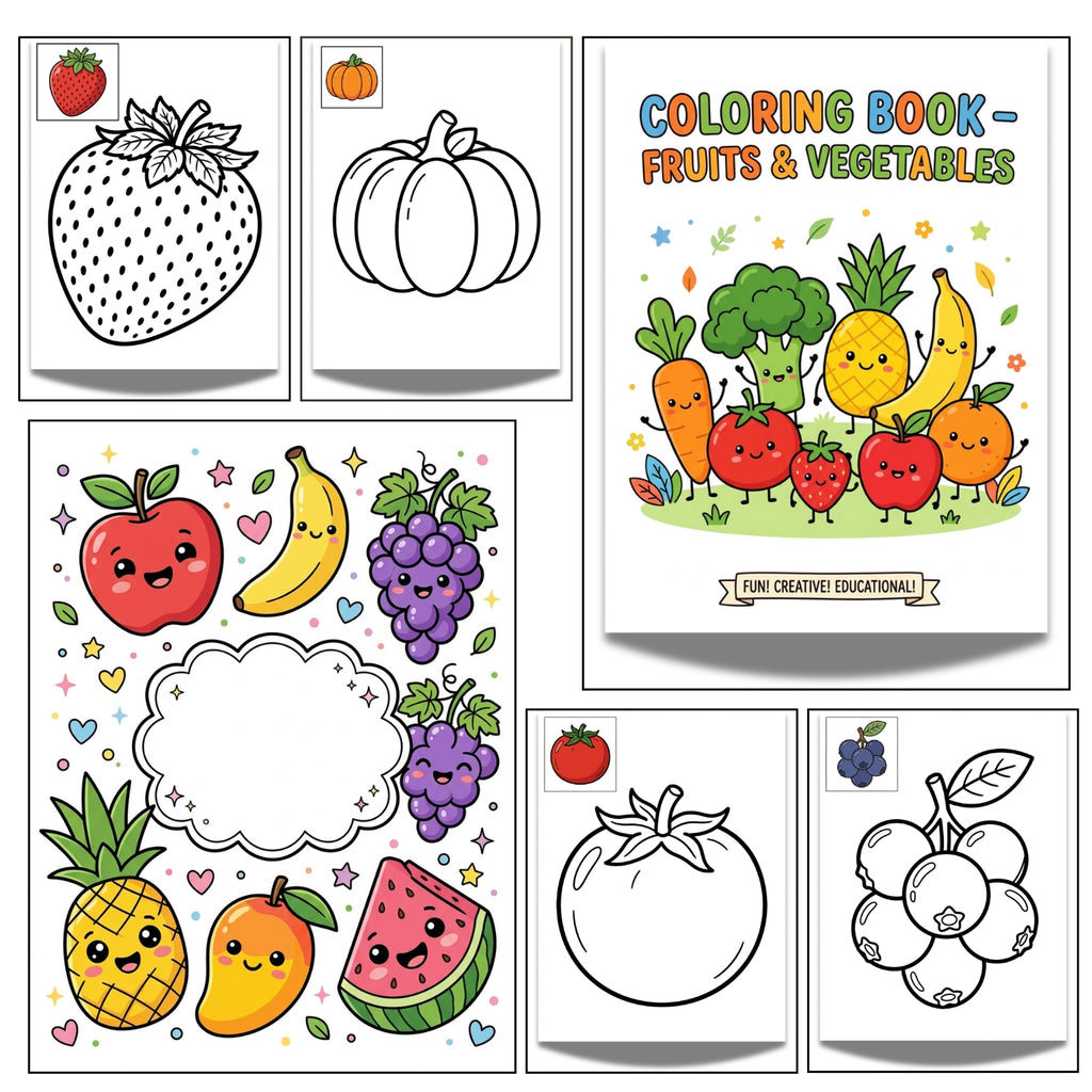 Cute Fruits & Vegetables Printable Coloring Book | 20 Early Learning Pages