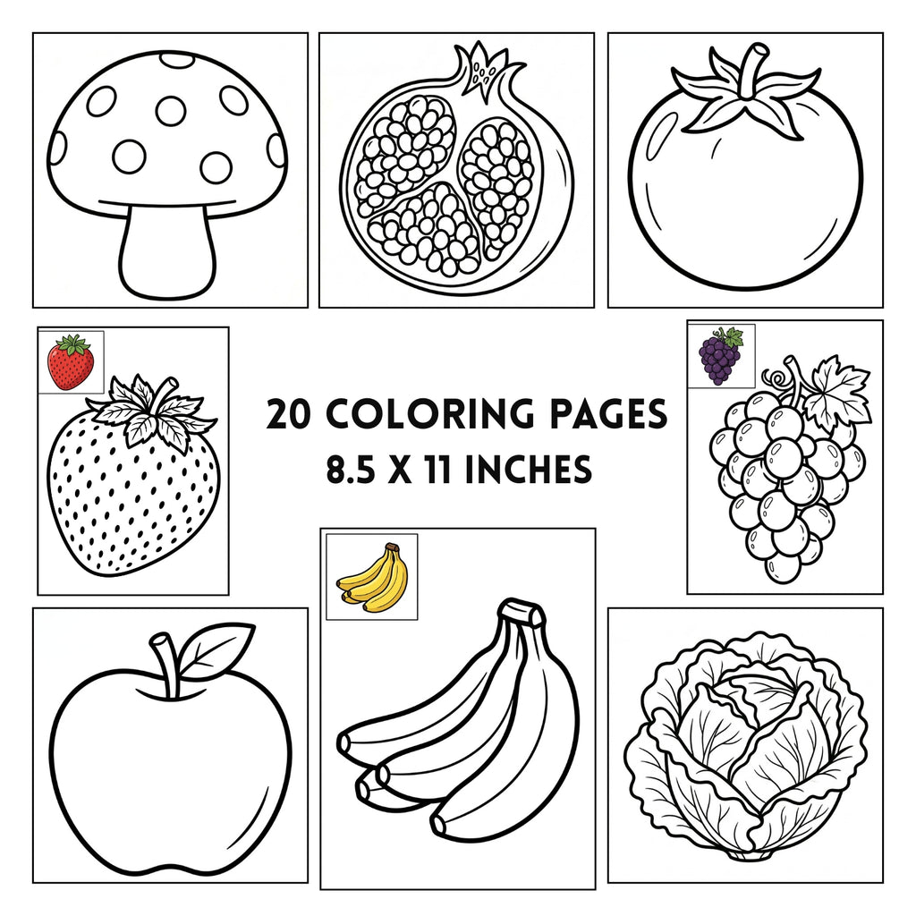 Cute Fruits & Vegetables Printable Coloring Book | 20 Early Learning Pages