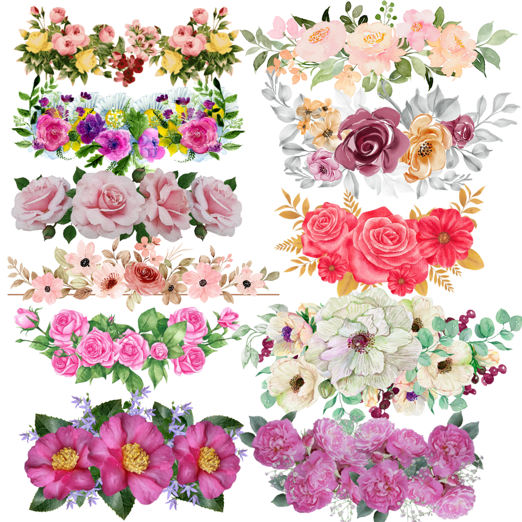 36 Horizontal Floral Clipart Set – PNG Transparent Flowers – 300 DPI – 4096×4096 High Resolution