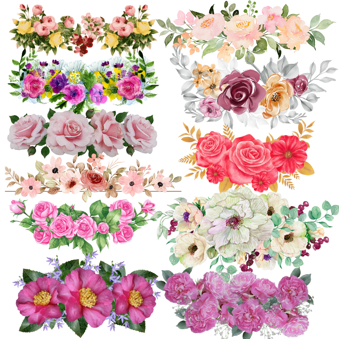 36 Horizontal Floral Clipart Set – PNG Transparent Flowers – 300 DPI – 4096×4096 High Resolution