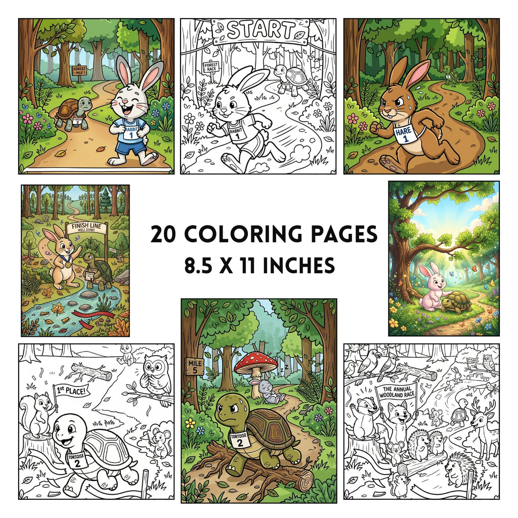 The Rabbit and The Tortoise Printable Coloring Book | 20 Fable Activity Pages