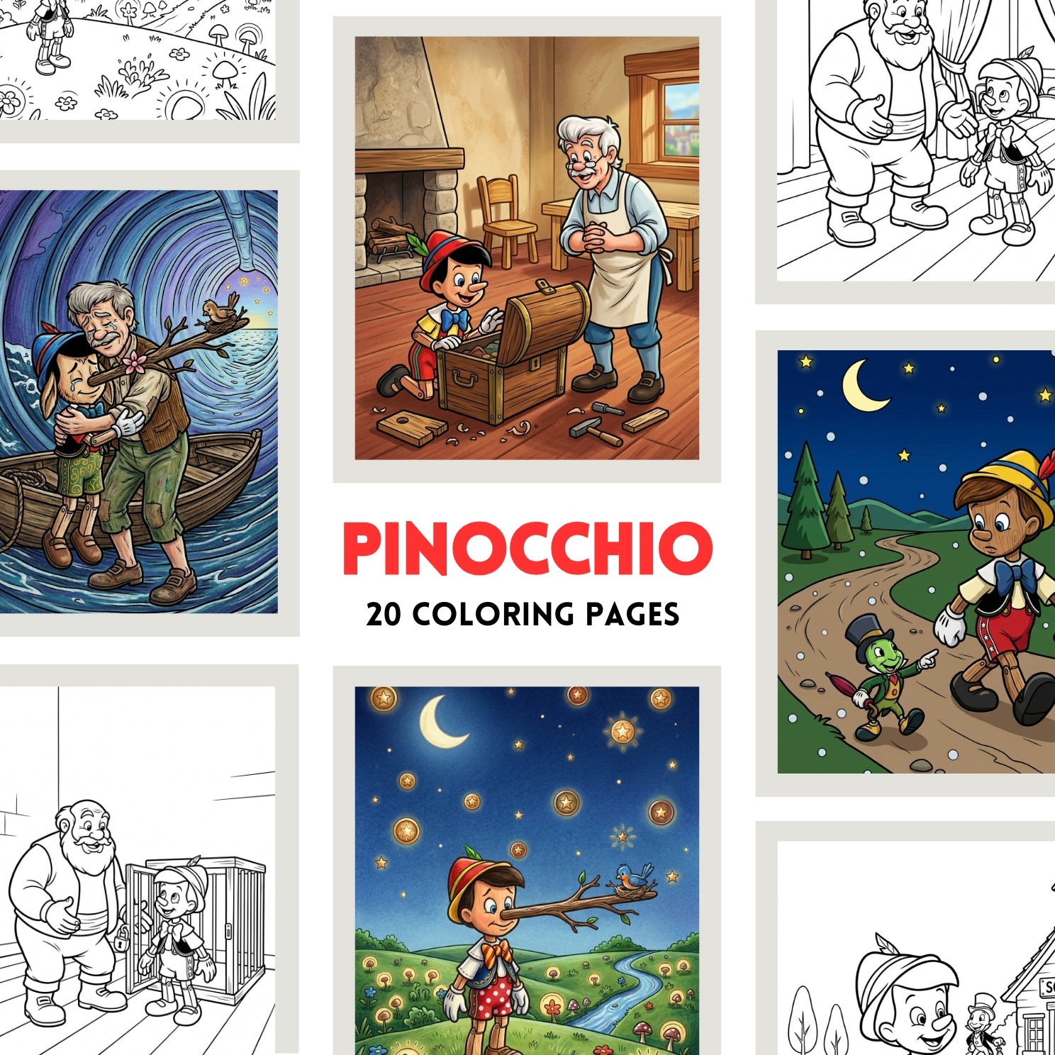 Printable Pinocchio Storybook Coloring Book | 20 Fairytale Activity Pages