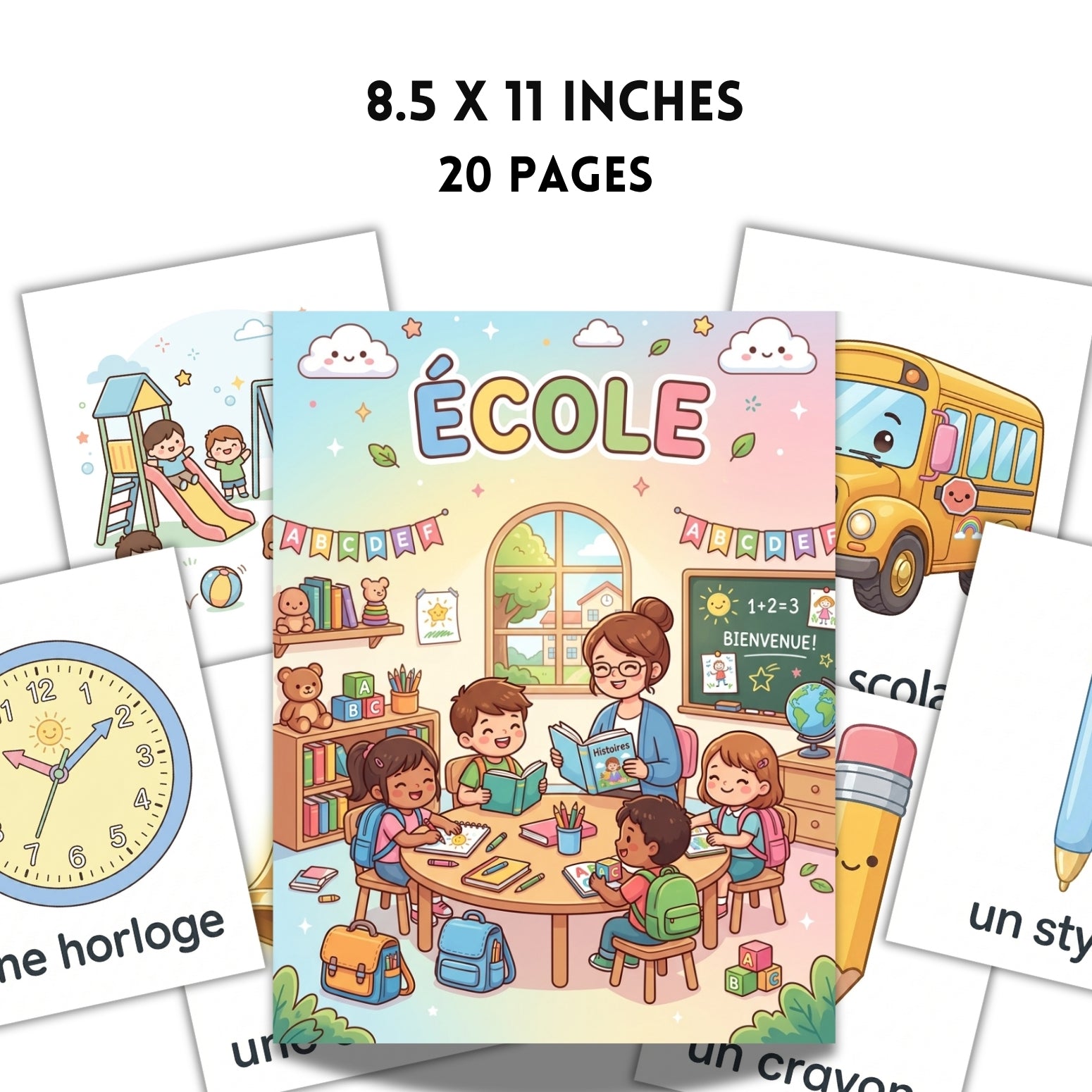French School Vocabulary Flashcards | 20 Page Kids Classroom Word Prints