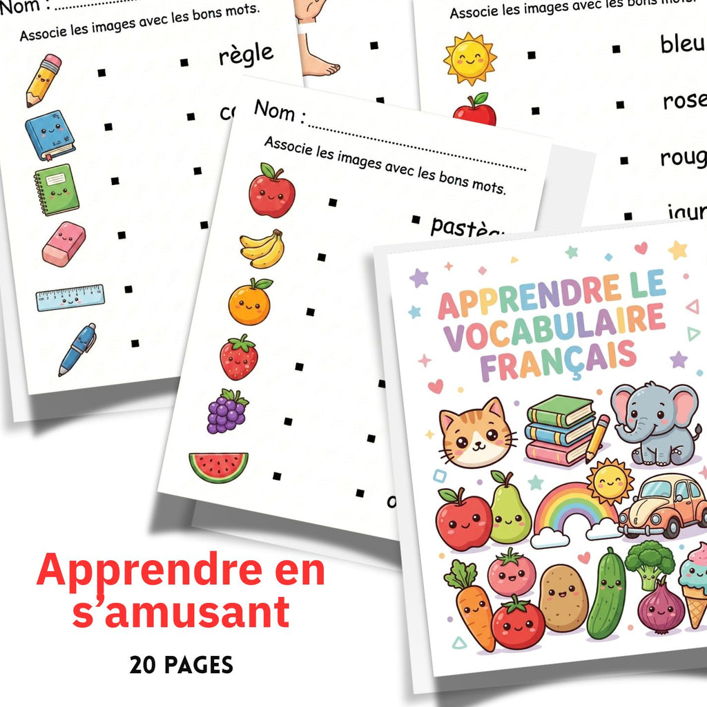 French Vocabulary Matching Worksheets | 20 Page Kids Language Activity Book