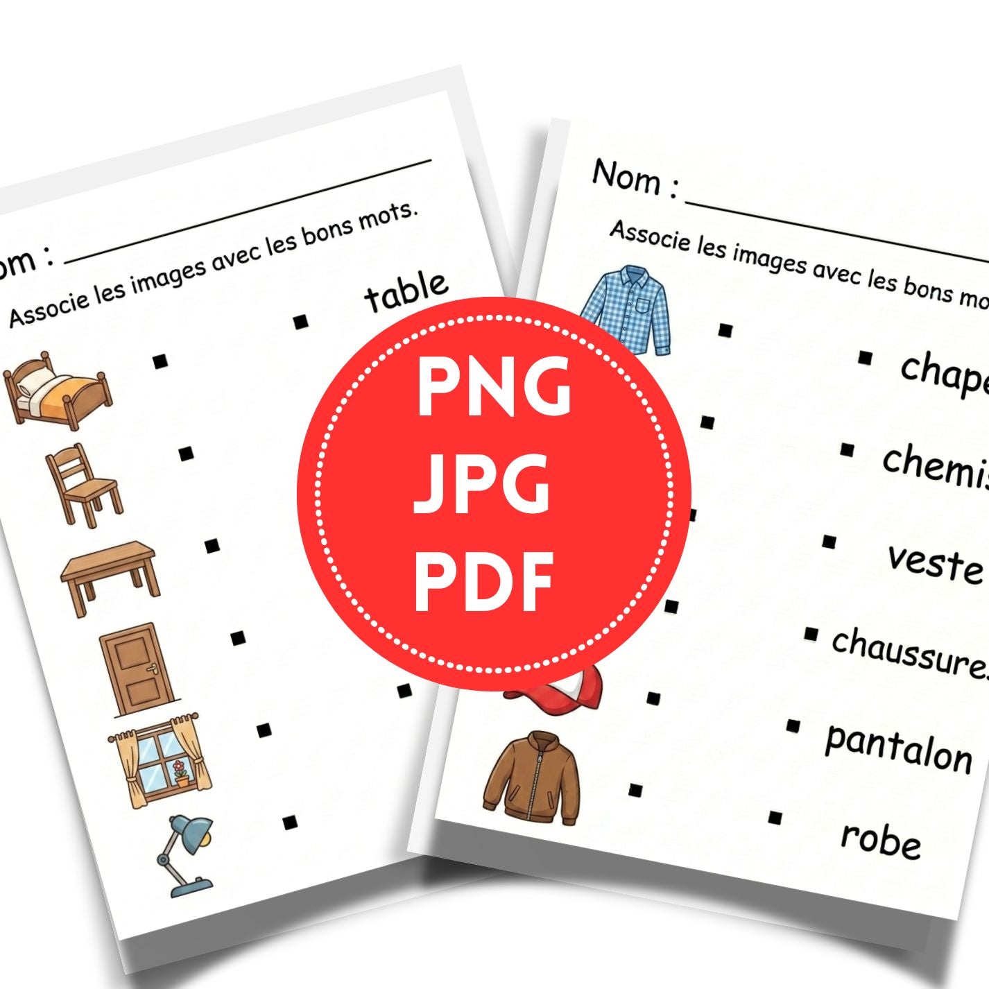 French Vocabulary Matching Worksheets | 20 Page Kids Language Activity Book