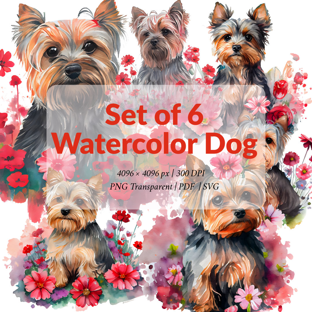 Set of 6 Watercolor Dog Illustrations with Floral Elements – High-Quality Digital Art for T-Shirt & Print