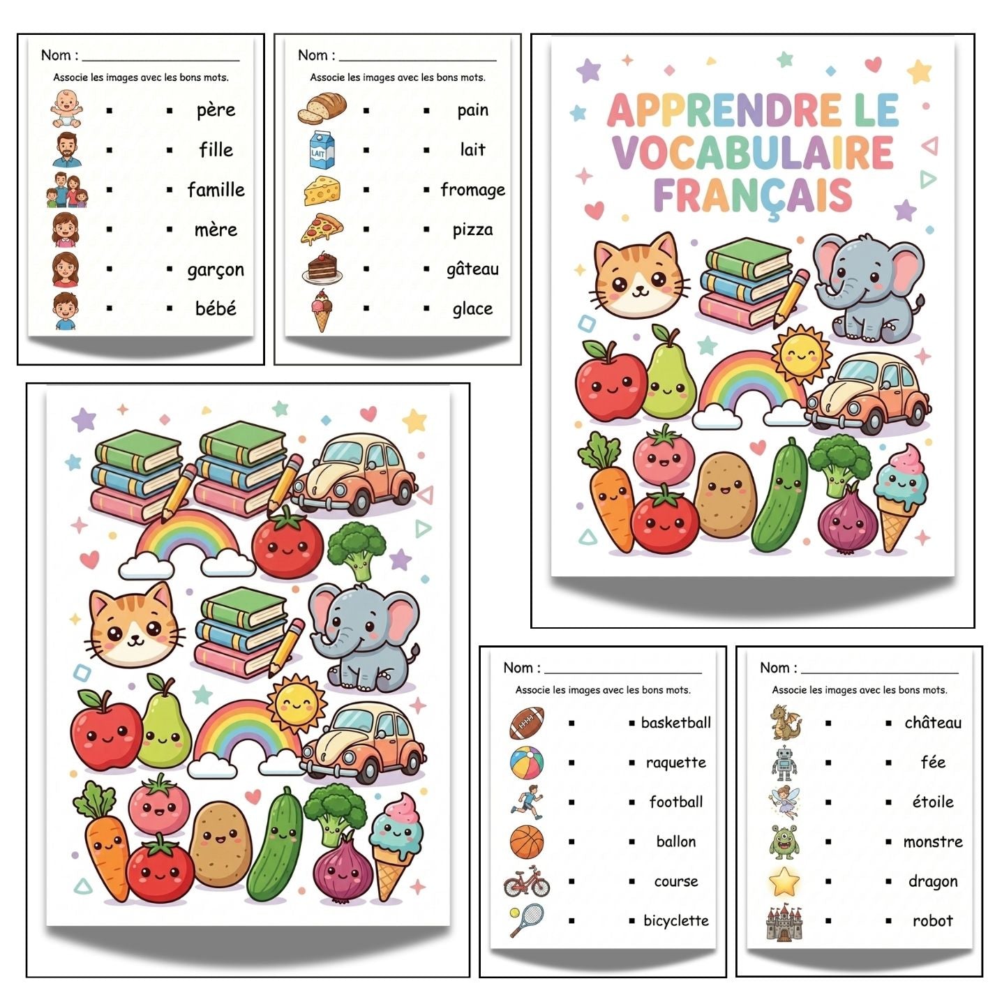 French Vocabulary Matching Worksheets | 20 Page Kids Language Activity Book