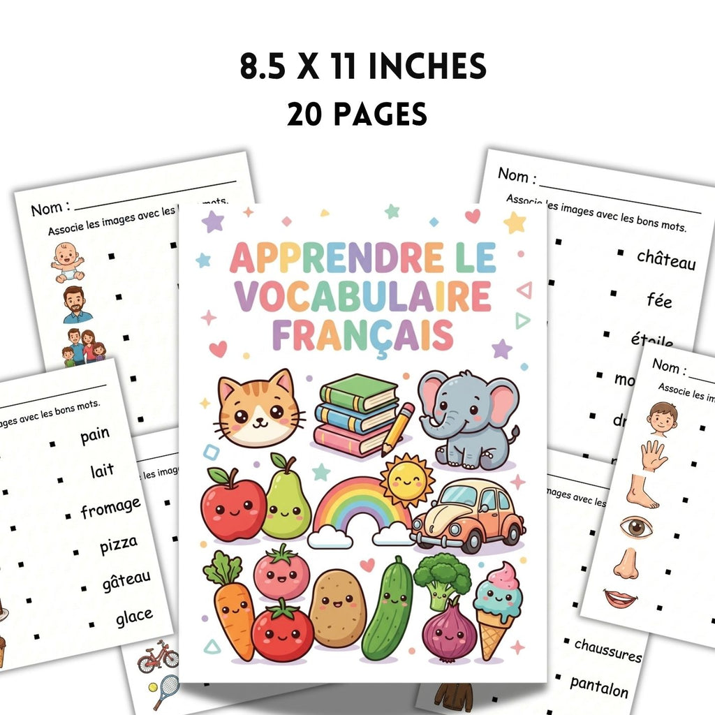 French Vocabulary Matching Worksheets | 20 Page Kids Language Activity Book