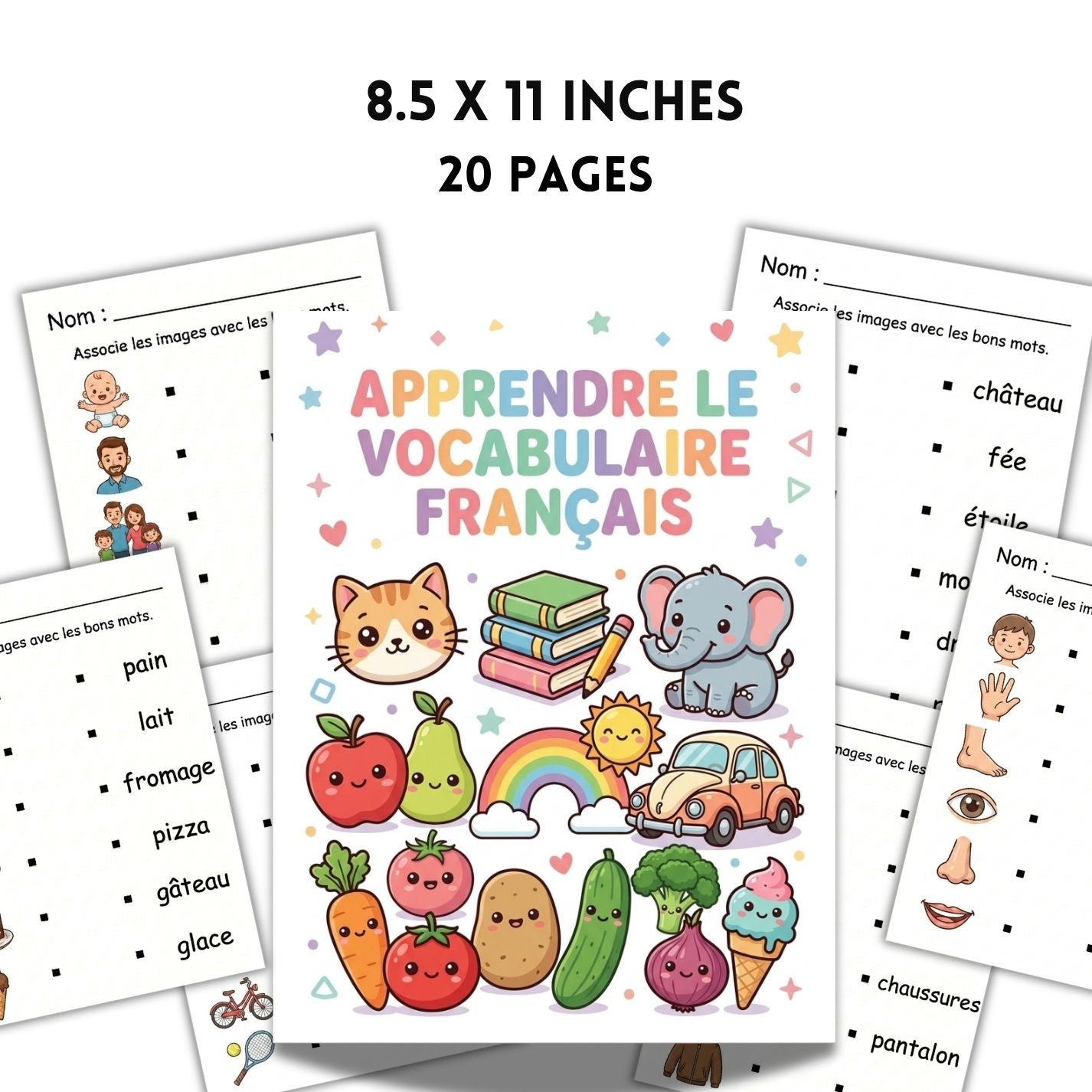 French Vocabulary Matching Worksheets | 20 Page Kids Language Activity Book