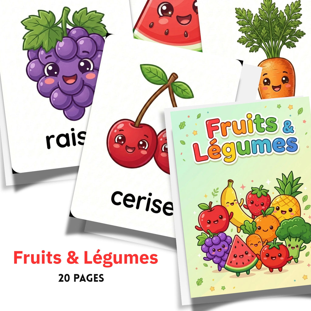 French Fruits and Vegetables Flashcards | 20 Page Kids Vocabulary Cards