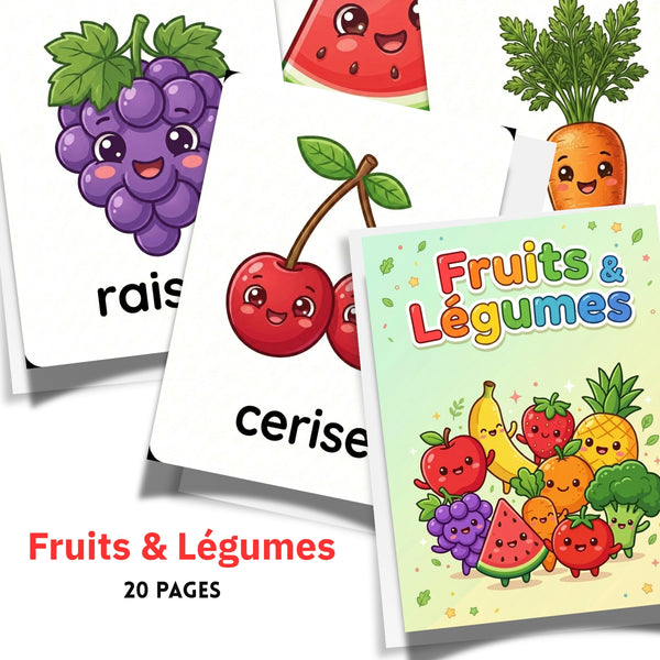 Fiches de vocabulaire des fruits et légumes en français | 20 pages – Cartes pour enfants