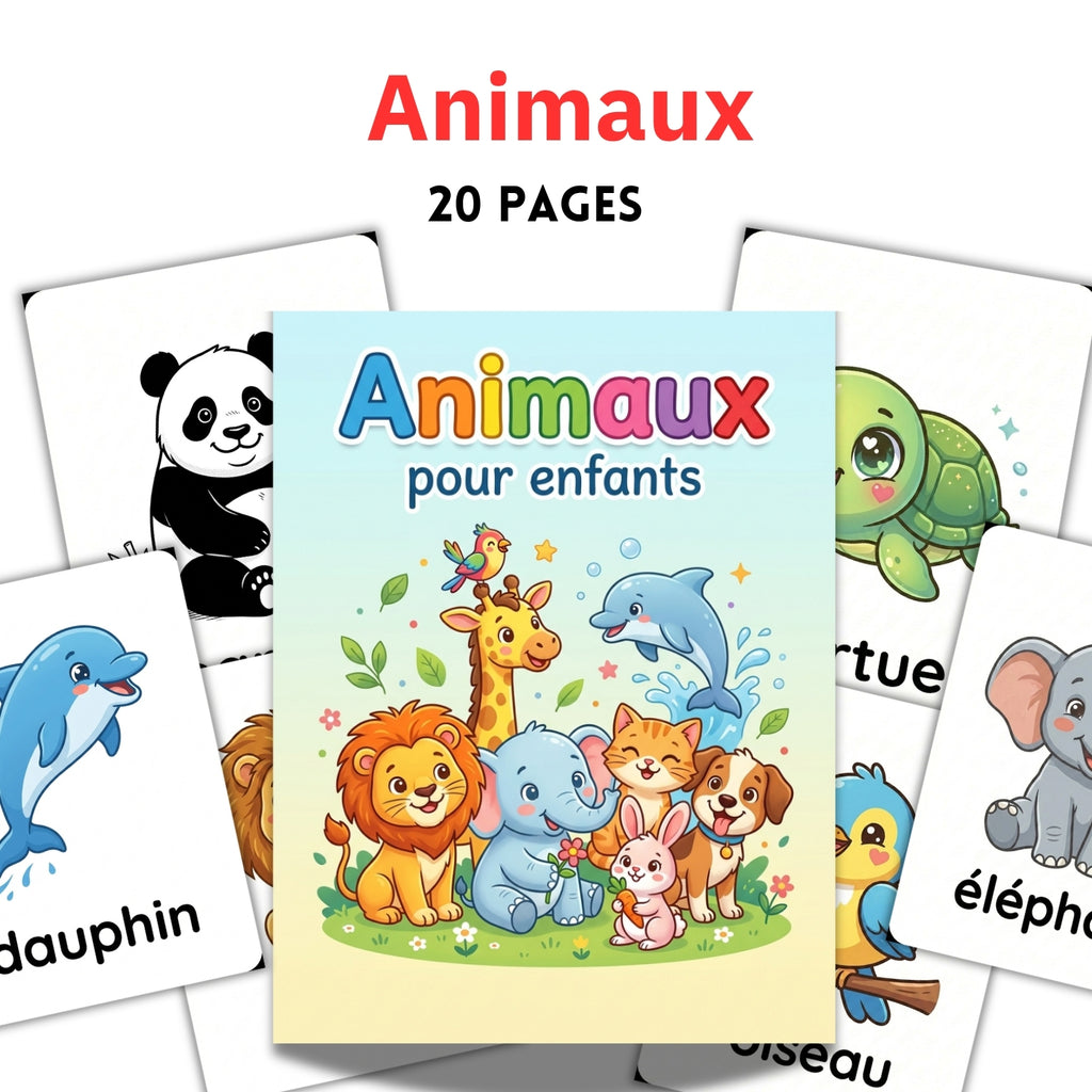 French Animals Flashcards | 20 Page Kids Learn Wild & Farm Animaux Cards