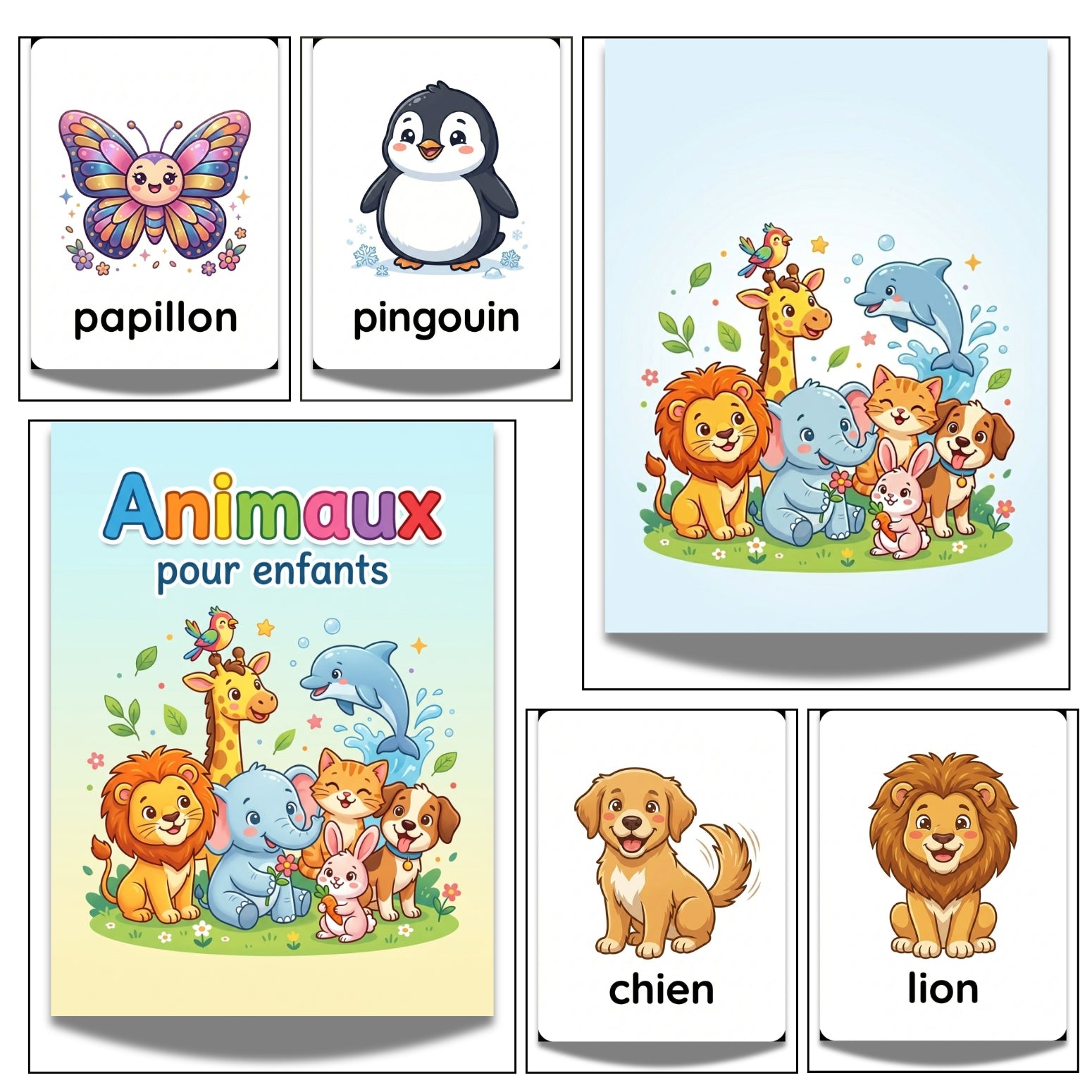 French Animals Flashcards | 20 Page Kids Learn Wild & Farm Animaux Cards
