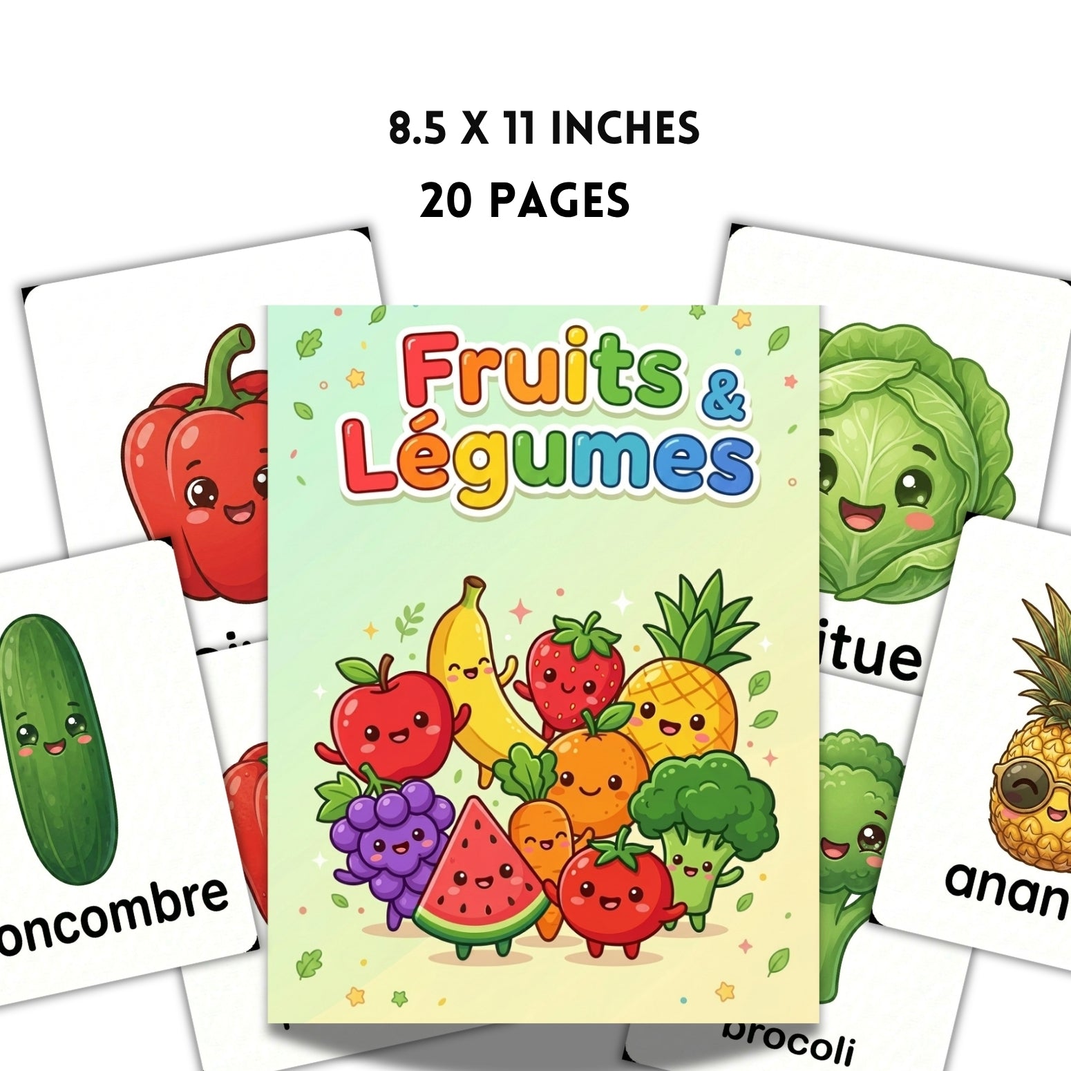 French Fruits and Vegetables Flashcards | 20 Page Kids Vocabulary Cards