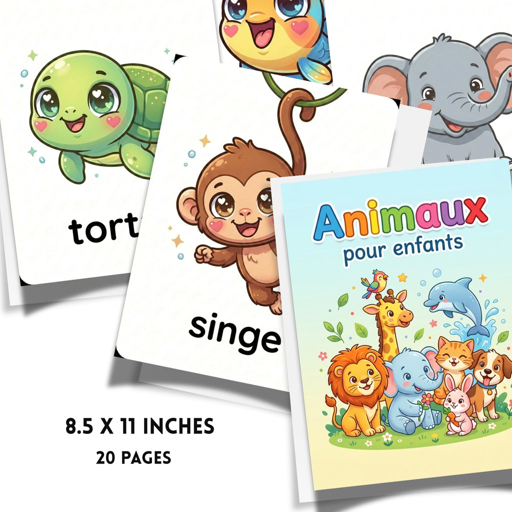 French Animals Flashcards | 20 Page Kids Learn Wild & Farm Animaux Cards