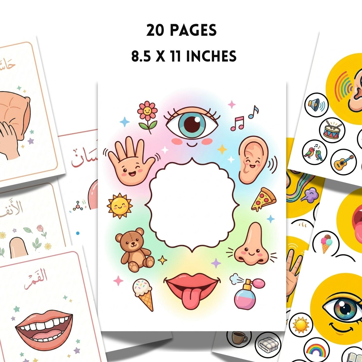 Arabic 5 Senses Activity Book | 20-Page Printable Flashcards & Worksheets