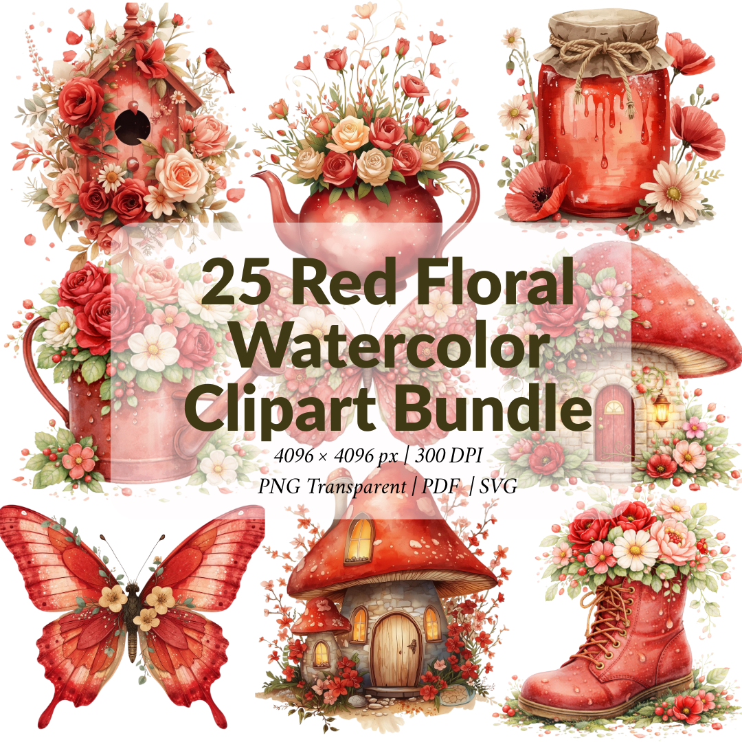 25 Red Floral Watercolor Clipart Bundle – PNG, SVG & PDF