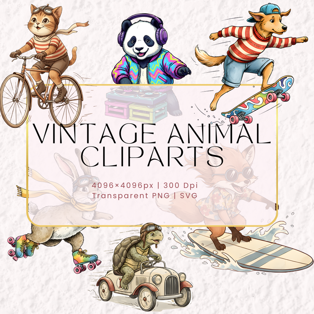 Set of 6 Vintage Animal Cliparts – High Quality PNG 300 DPI