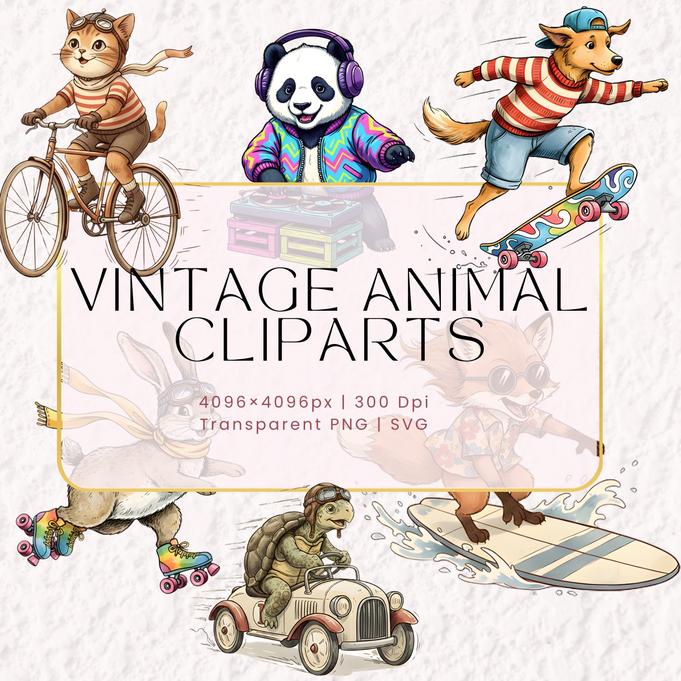 Set of 6 Vintage Animal Cliparts – High Quality PNG 300 DPI