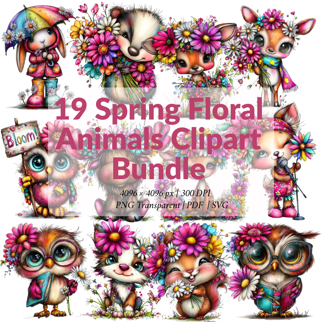 19 Spring Floral Animals Clipart Bundle –  Watercolor PNG, SVG & Printable PDF