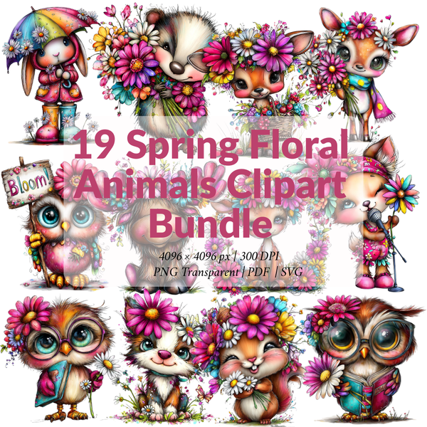 Cliparts Printemps – 19 animaux fleuris en aquarelle | PNG, SVG & PDF imprimable