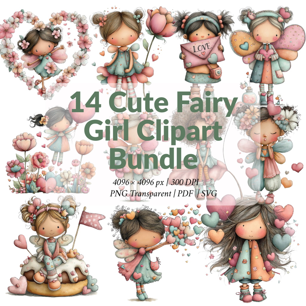 14 Cute Fairy Girl Clipart Bundle– Valentine Angel PNG, SVG & Printable PDF
