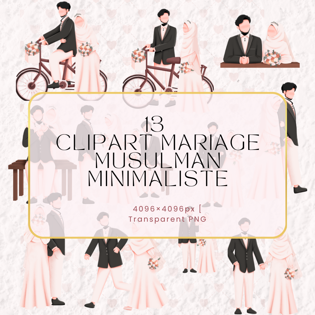 13 Minimalist Muslim Wedding Cliparts – Faceless Couple Illustration – PNG, SVG, PDF – 300 DPI