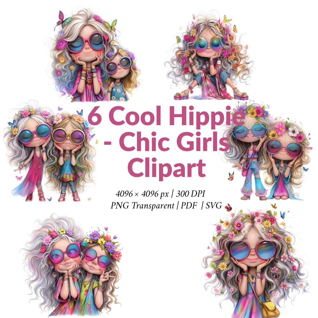 6 Cool Hippie - Chic Girls Clipart llustrations with Flowers