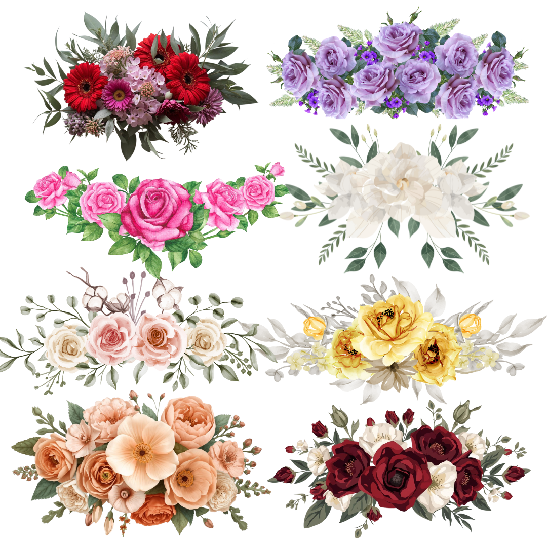 36 Horizontal Floral Clipart Set – PNG Transparent Flowers – 300 DPI – 4096×4096 High Resolution