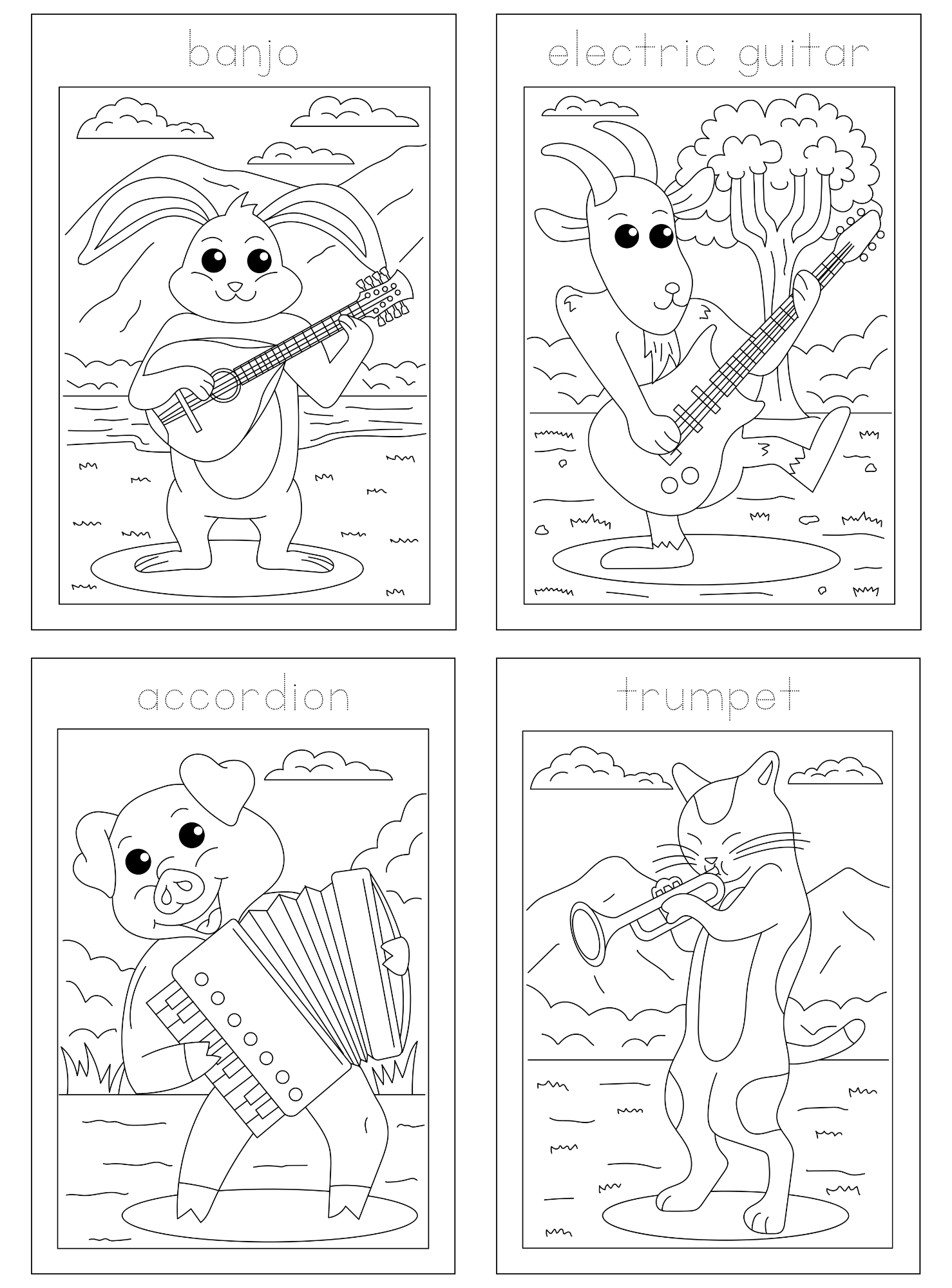 Animal Instruments Coloring Book - English Edition