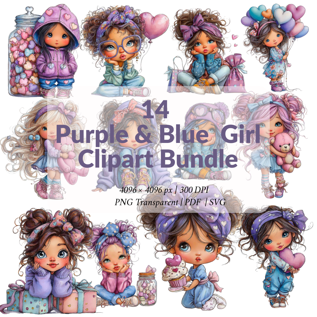 14 Purple & Blue Girl Clipart Bundle – Cute girly graphics Pastel Love PNG  SVG & Printable PDF