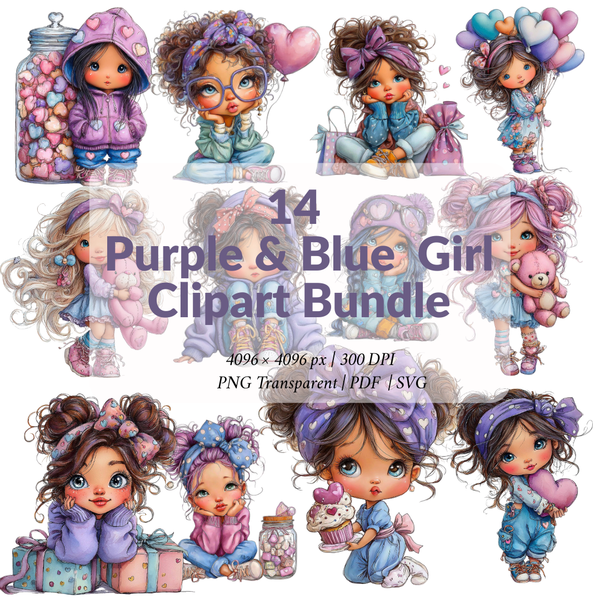 Cliparts Filles – 14 illustrations pastel violet & bleu | Amour & univers girly