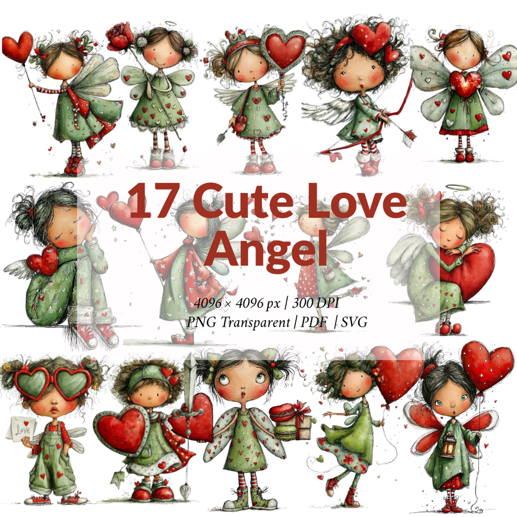 17 Valentine Fairy Girl Clipart Bundle – Cute Love Angel PNG, Kawaii Fantasy SVG & Printable PDF