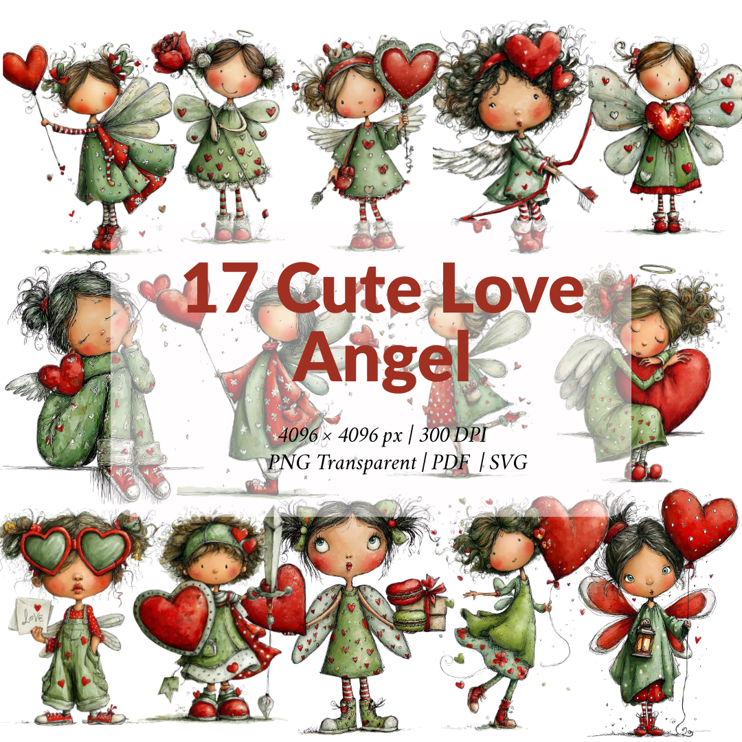 17 Valentine Fairy Girl Clipart Bundle – Cute Love Angel PNG, Kawaii Fantasy SVG & Printable PDF