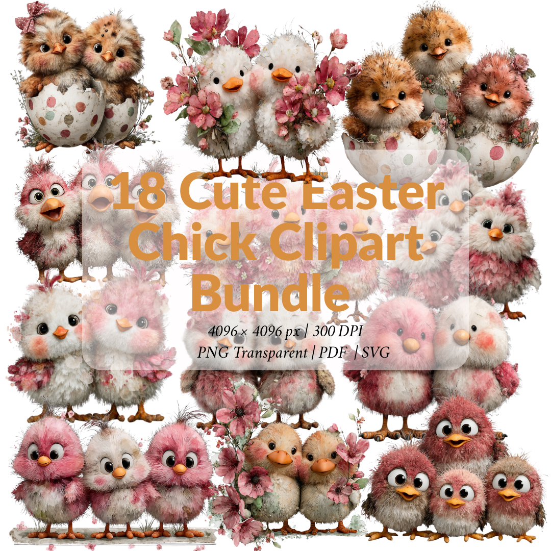 18 Cute Easter Chick Clipart Bundle – Pink Spring Watercolor Animals PNG, SVG & Printable PDF