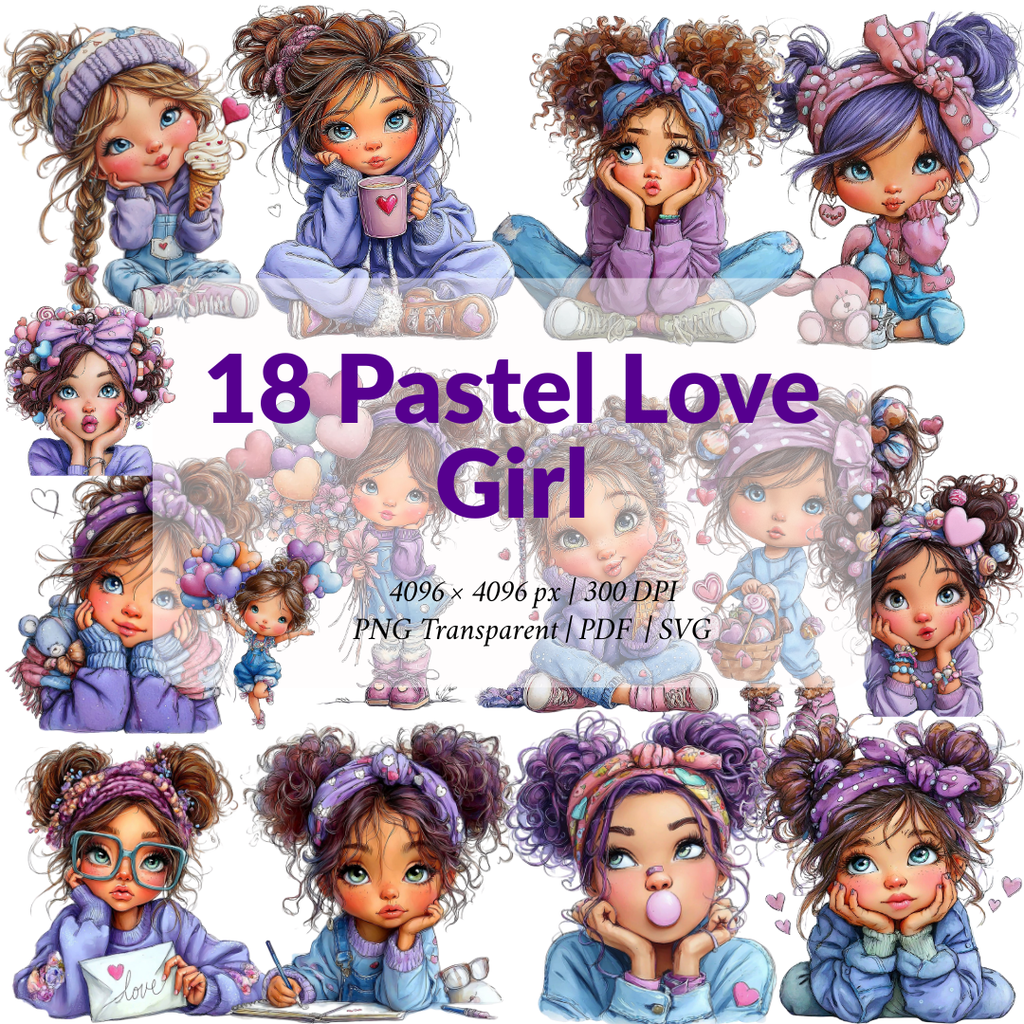 18 Cute Girl Clipart Bundle – Pastel Love Girl PNG, Chibi Style SVG & Printable PDF