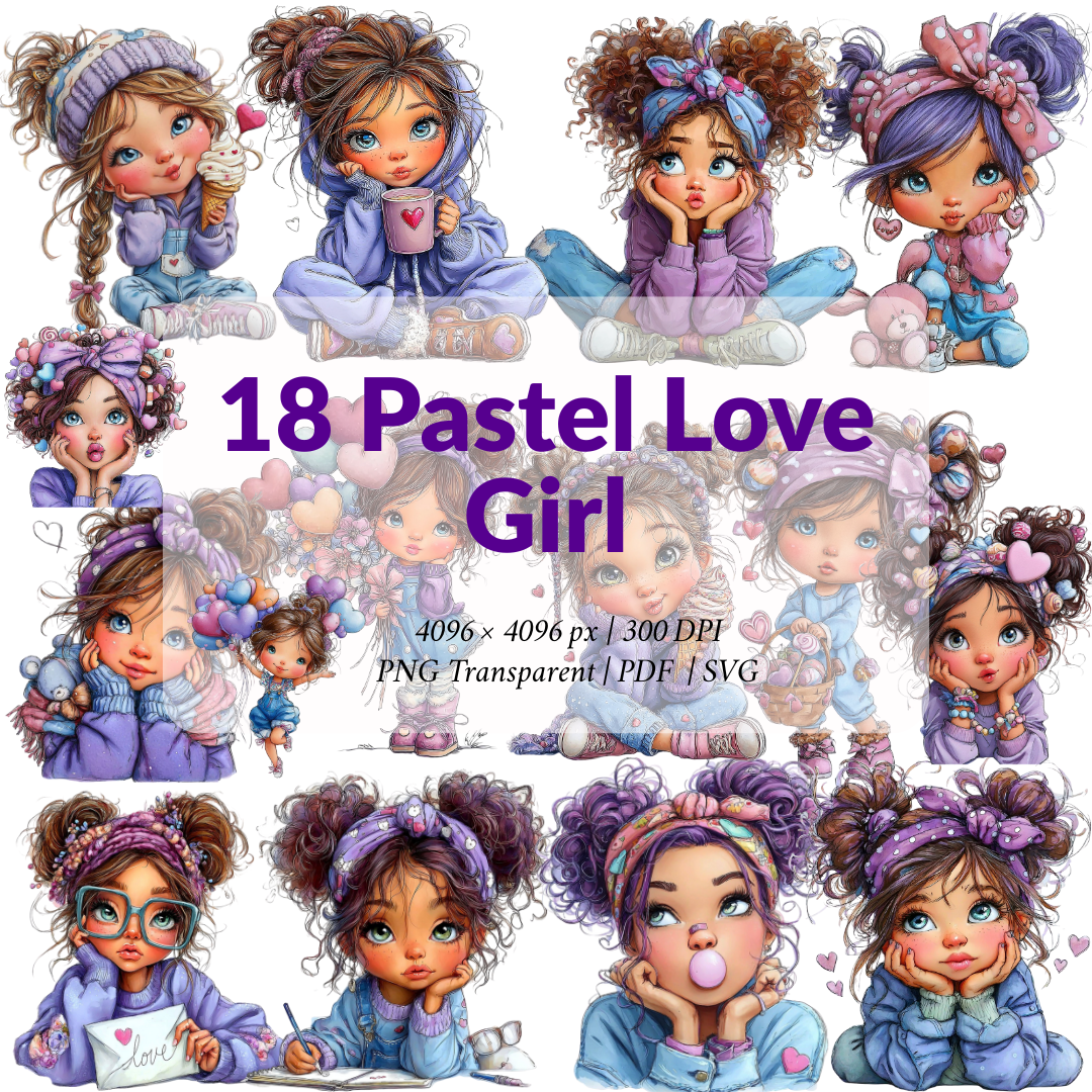 18 Cute Girl Clipart Bundle – Pastel Love Girl PNG, Chibi Style SVG & Printable PDF