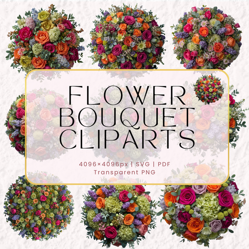 10 Vibrant Flower Bouquet Cliparts – Transparent PNG, SVG, PDF – 300 DPI High Resolution
