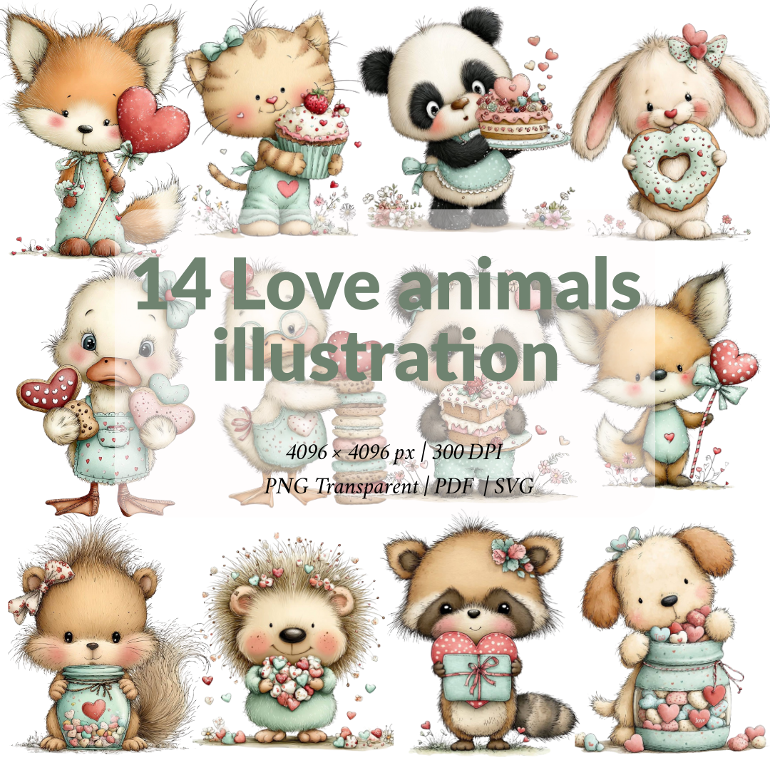 14 Romantic animal art Clipart Bundle - Valentine - Love Animals illustration PNG, SVG & Printable PDF