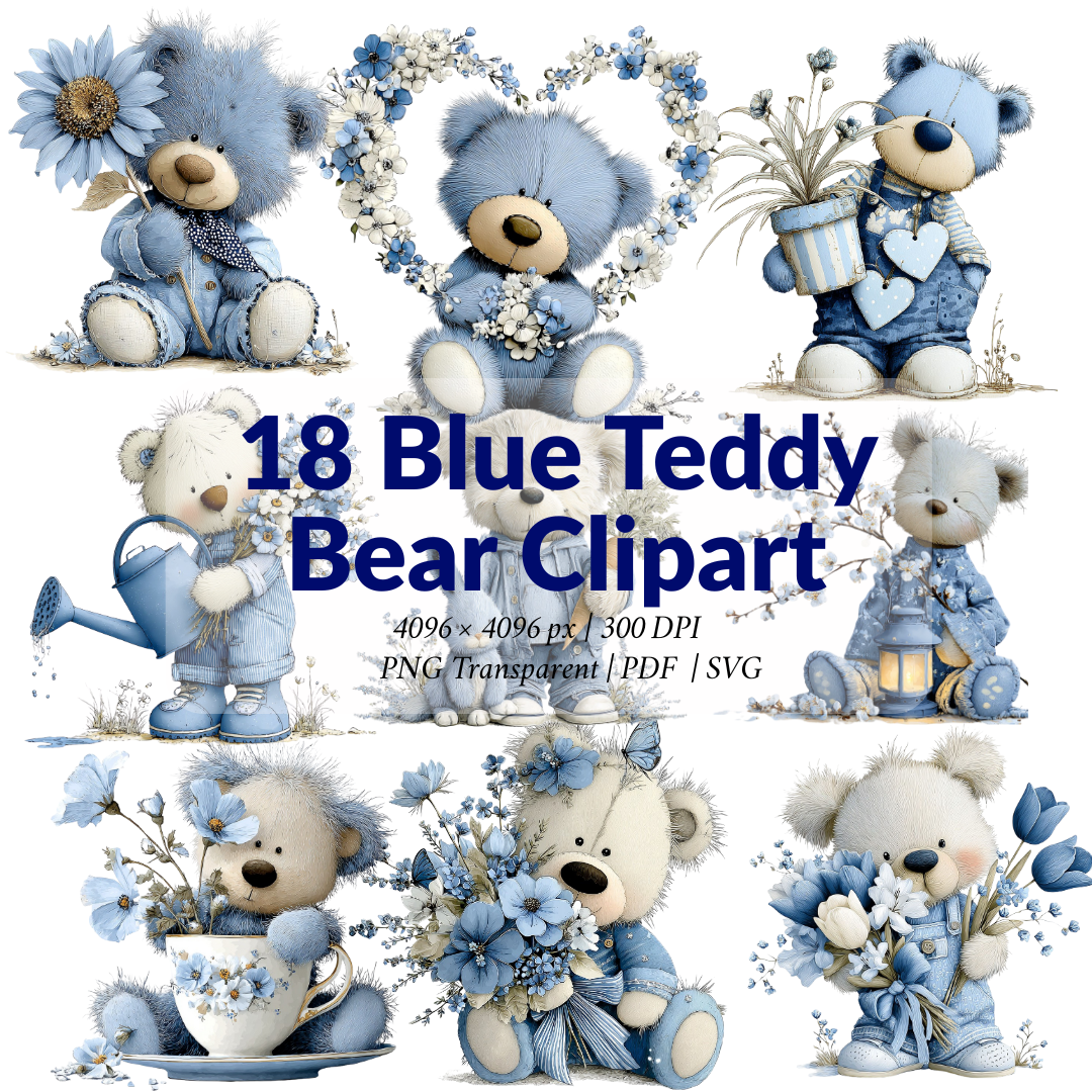 18 Blue Teddy Bear Floral Clipart Bundle