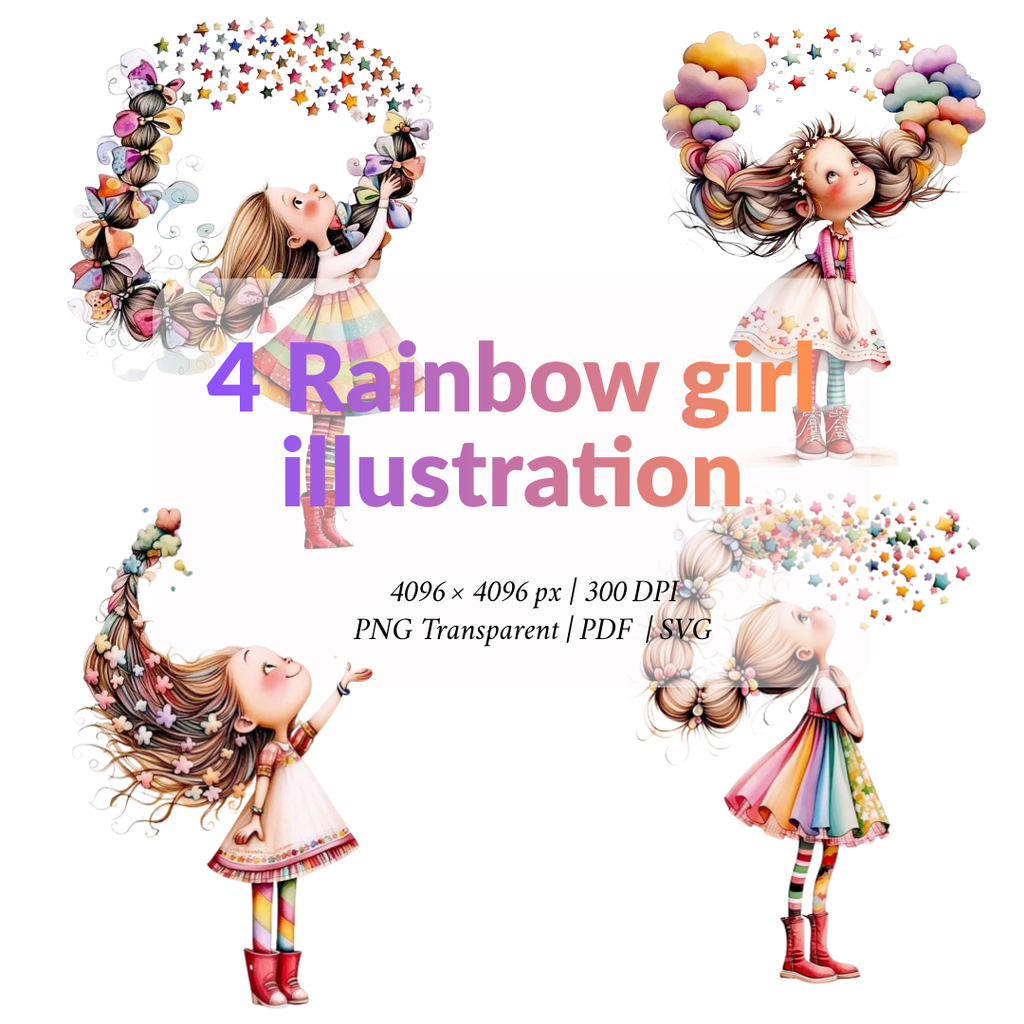 4 Dreamy Rainbow Girl Clipart Bundle – Whimsical Fantasy Girl PNG, SVG & Printable PDF