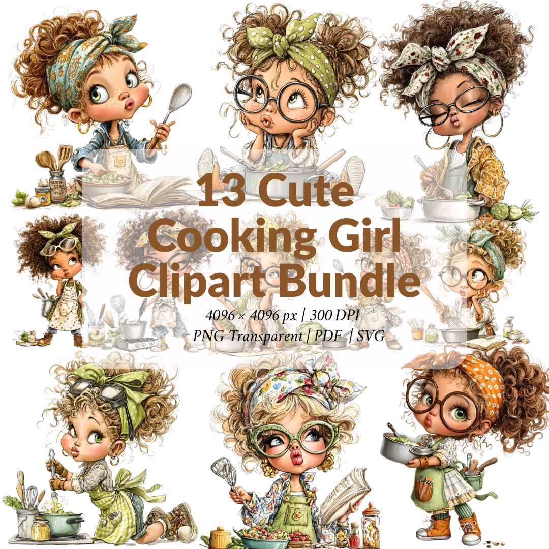 Cute Cooking Girl Clipart Bundle – Chef Kids PNG, SVG & Printable PDF
