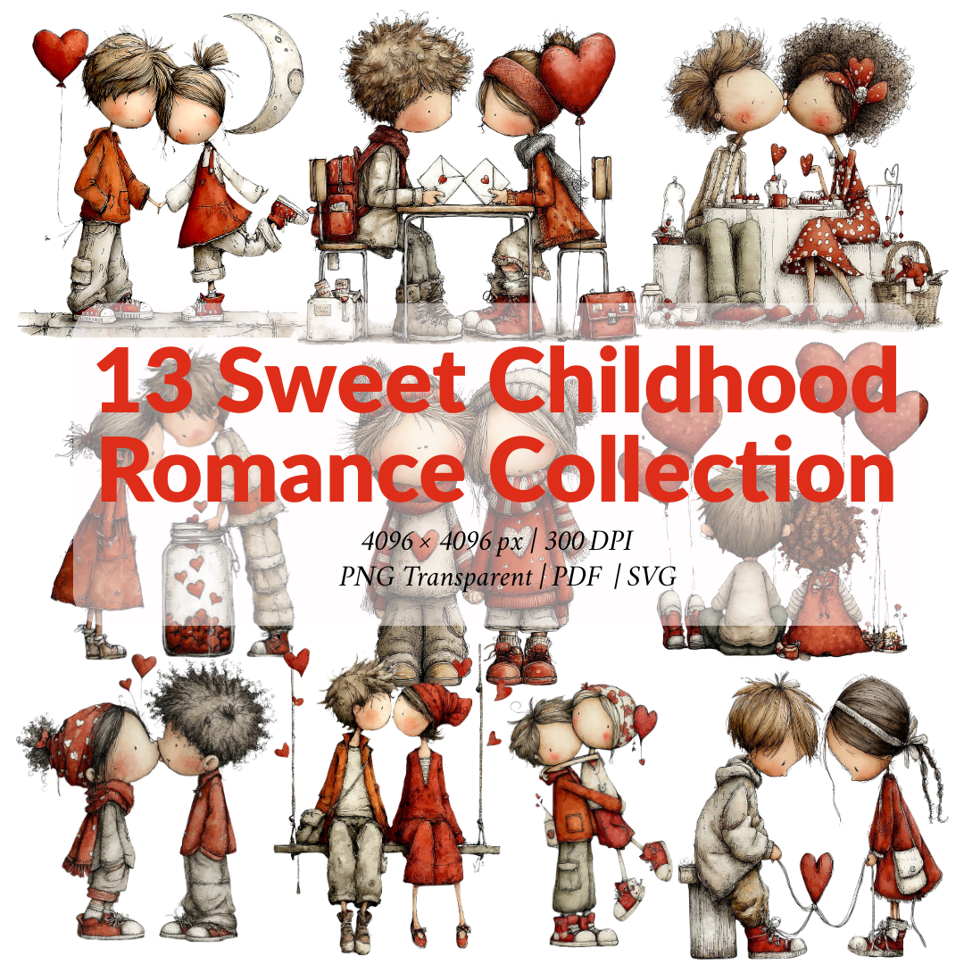 Collection Romance Enfantine – 13 illustrations numériques premium | Sublimation & créations DIY