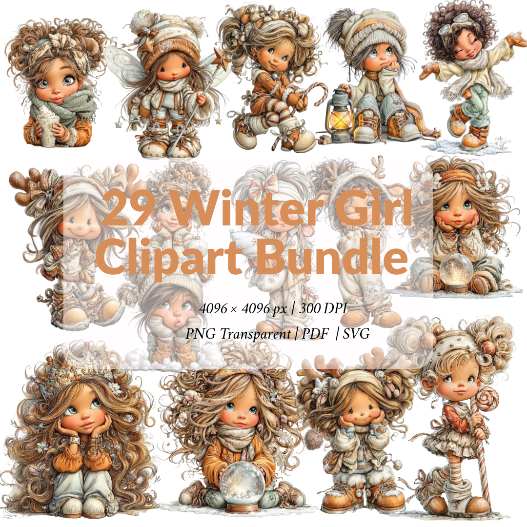 29 Winter Girl Clipart Bundle – Cozy Christmas Girl PNG, Cute Holiday SVG & Printable PDF