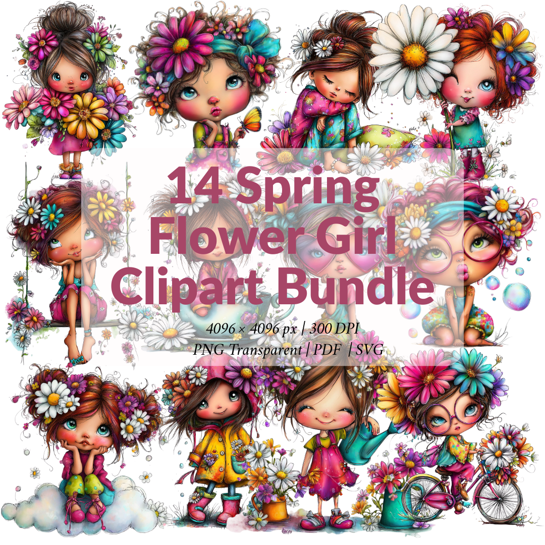14 Spring Flower Girl Clipart Bundle – Cute Floral Girls, Watercolor PNG, SVG & Printable PDF