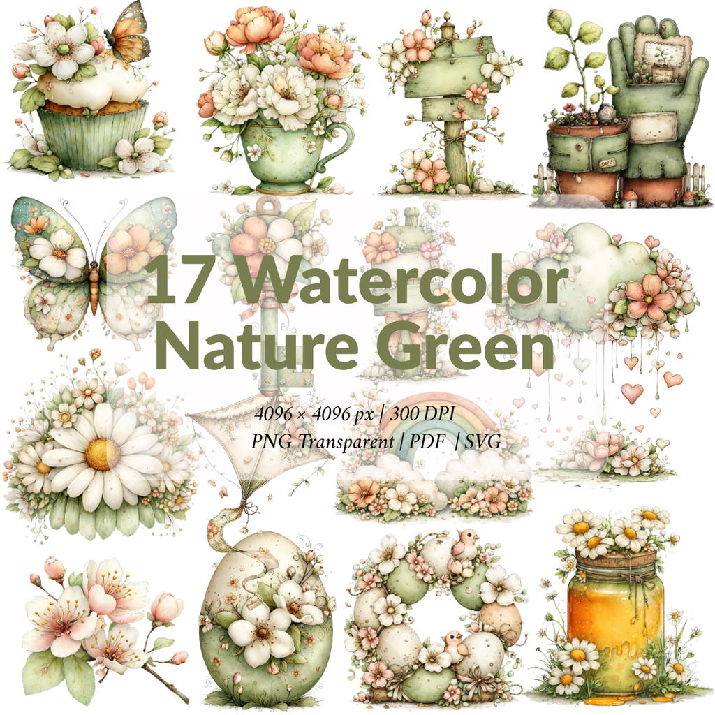 Cliparts Printemps – 17 cottages fleuris & nature en aquarelle