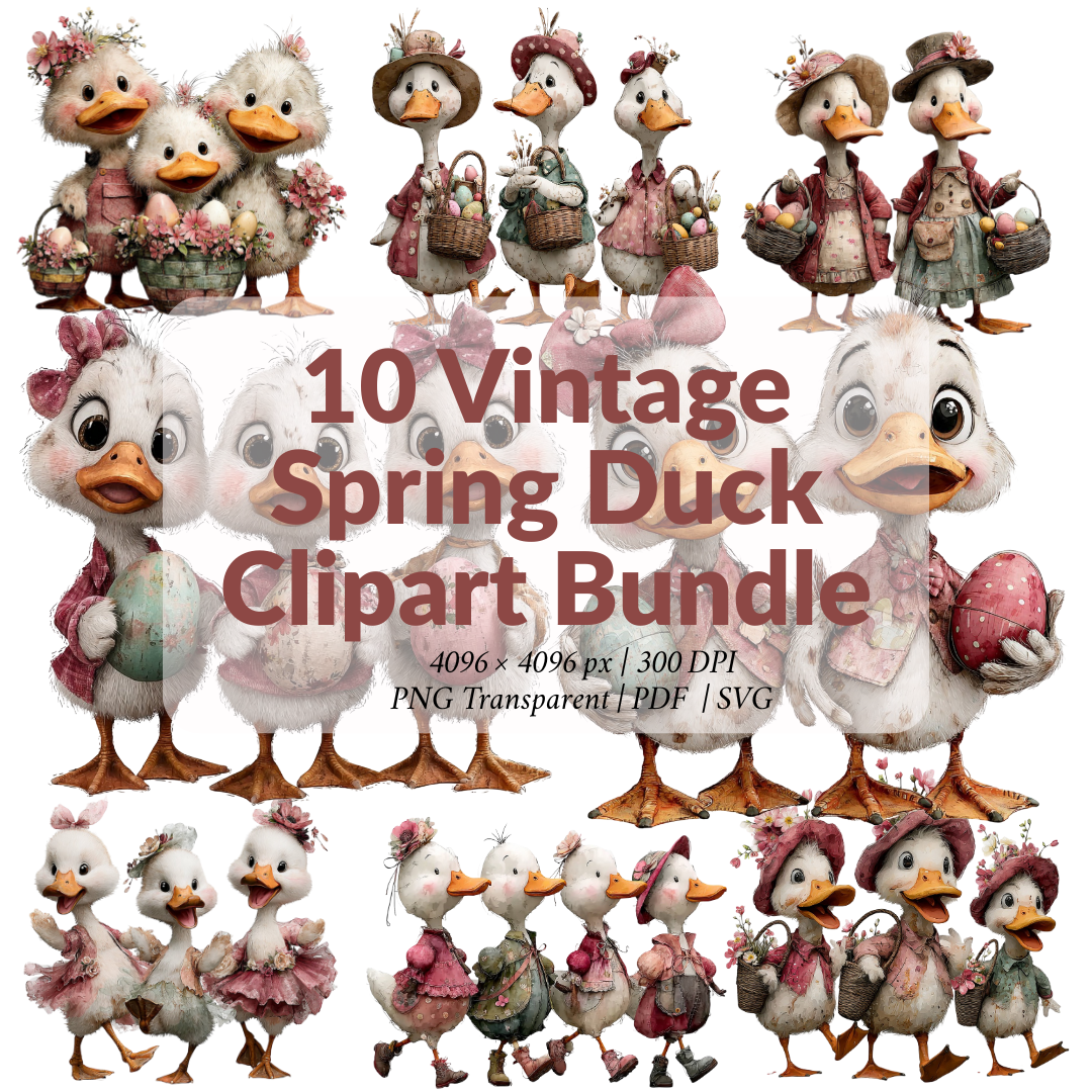 10 Vintage Spring Duck Clipart Bundle – Cute Easter Ducks, Floral Watercolor Farm Animals PNG, SVG & Printable PDF