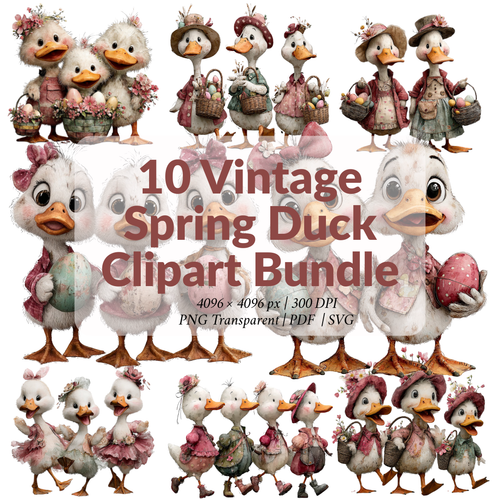 10 Vintage Spring Duck Clipart Bundle – Cute Easter Ducks, Floral Watercolor Farm Animals PNG, SVG & Printable PDF